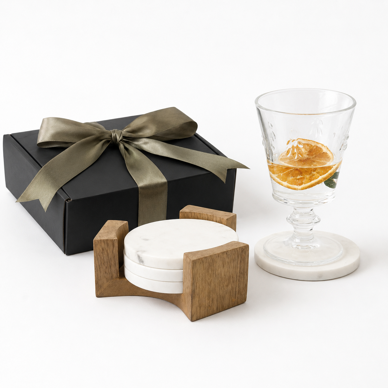 SET DE POSAVASOS MARMOL + BASE DE MADERA