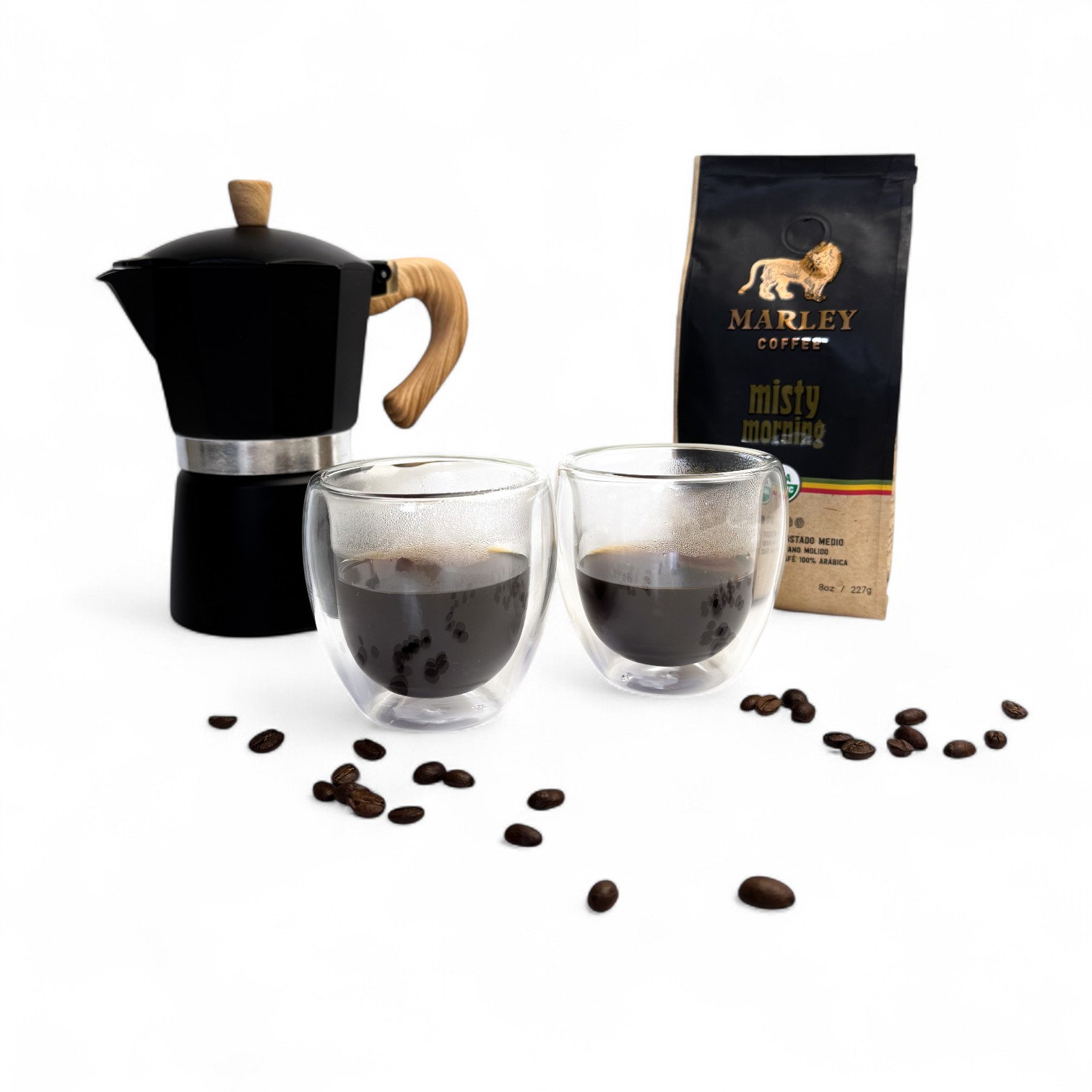 CAFETERA ITALIANA + CAFÉ Y VASOS DOBLE VIDRIO - Imagen 3