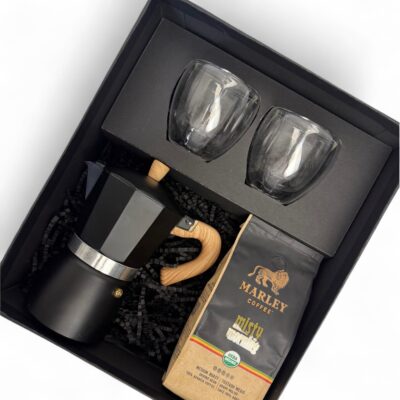 CAFETERA ITALIANA + CAFÉ Y VASOS DOBLE VIDRIO