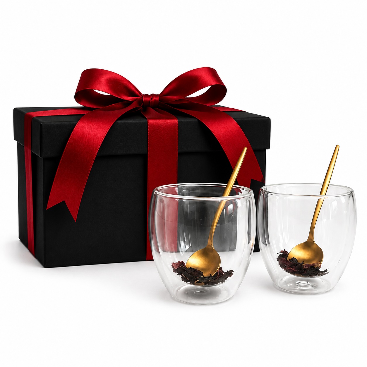 SET VASOS DOBLE VIDRIO + CUCHARITAS DORADAS