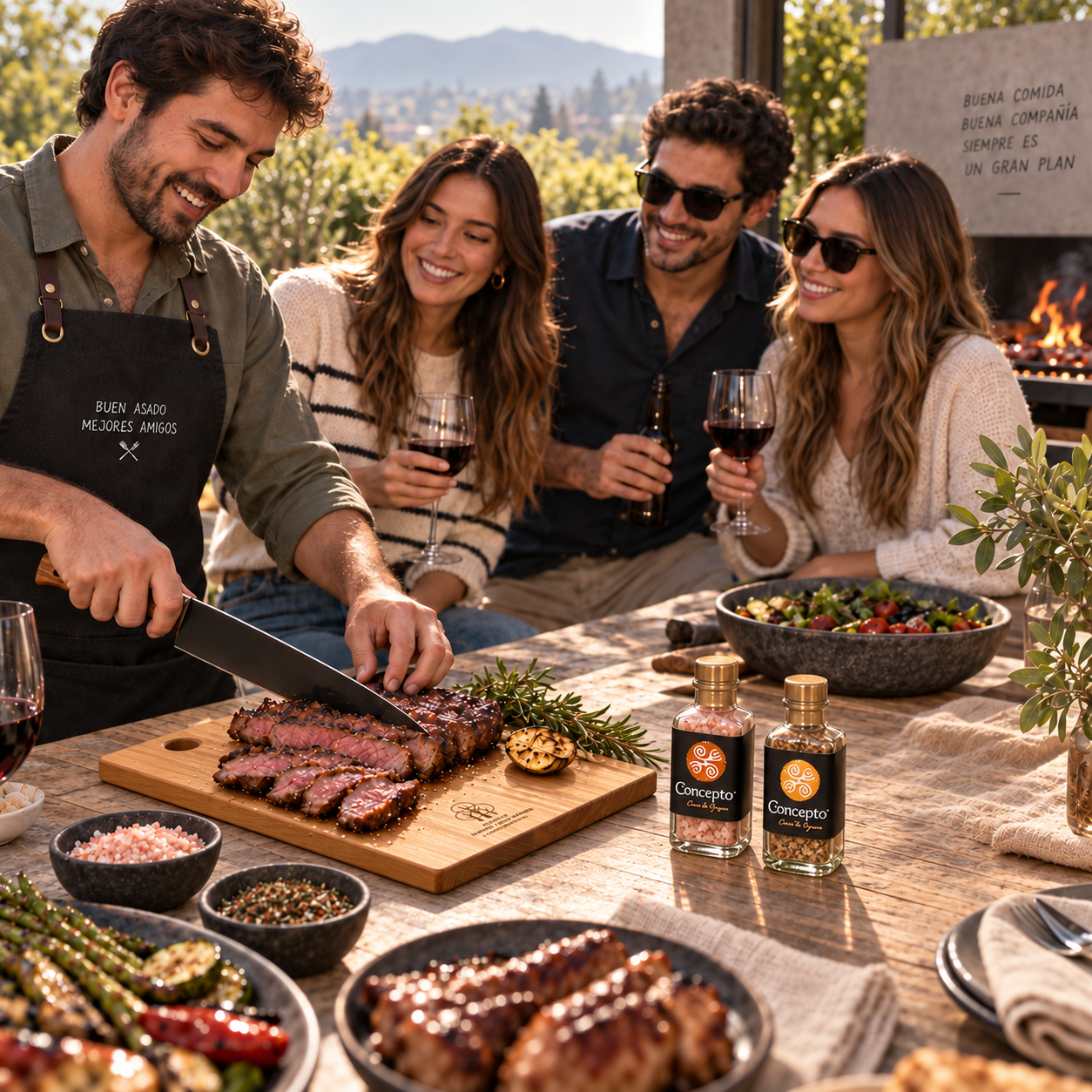 CAJA ASADOR CUCHILLO PARRILLERO + SALES Y TABLA MADERA - Imagen 2