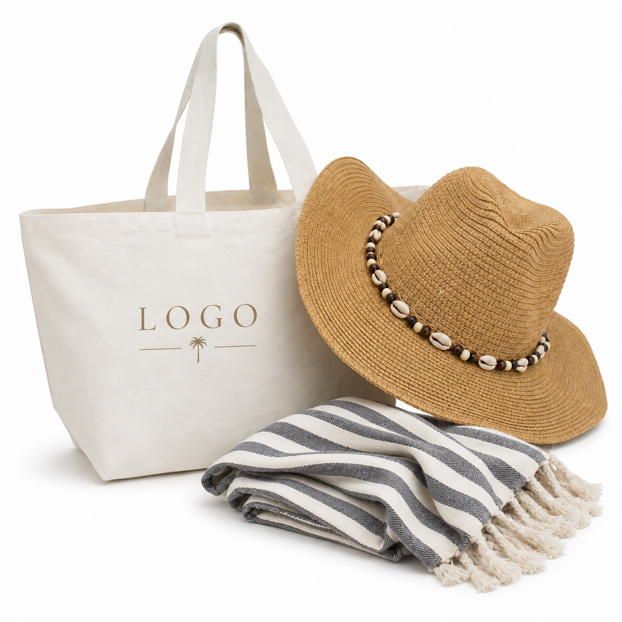 KIT PLAYA SOMBRERO CONCHITAS + TOALLA TURCA