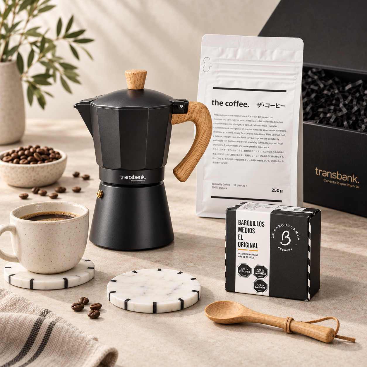 CAFETERA ITALIANA + CAFÉ + MINI BARQUILLOS + POSA VASOS MÁRMOL - Imagen 2