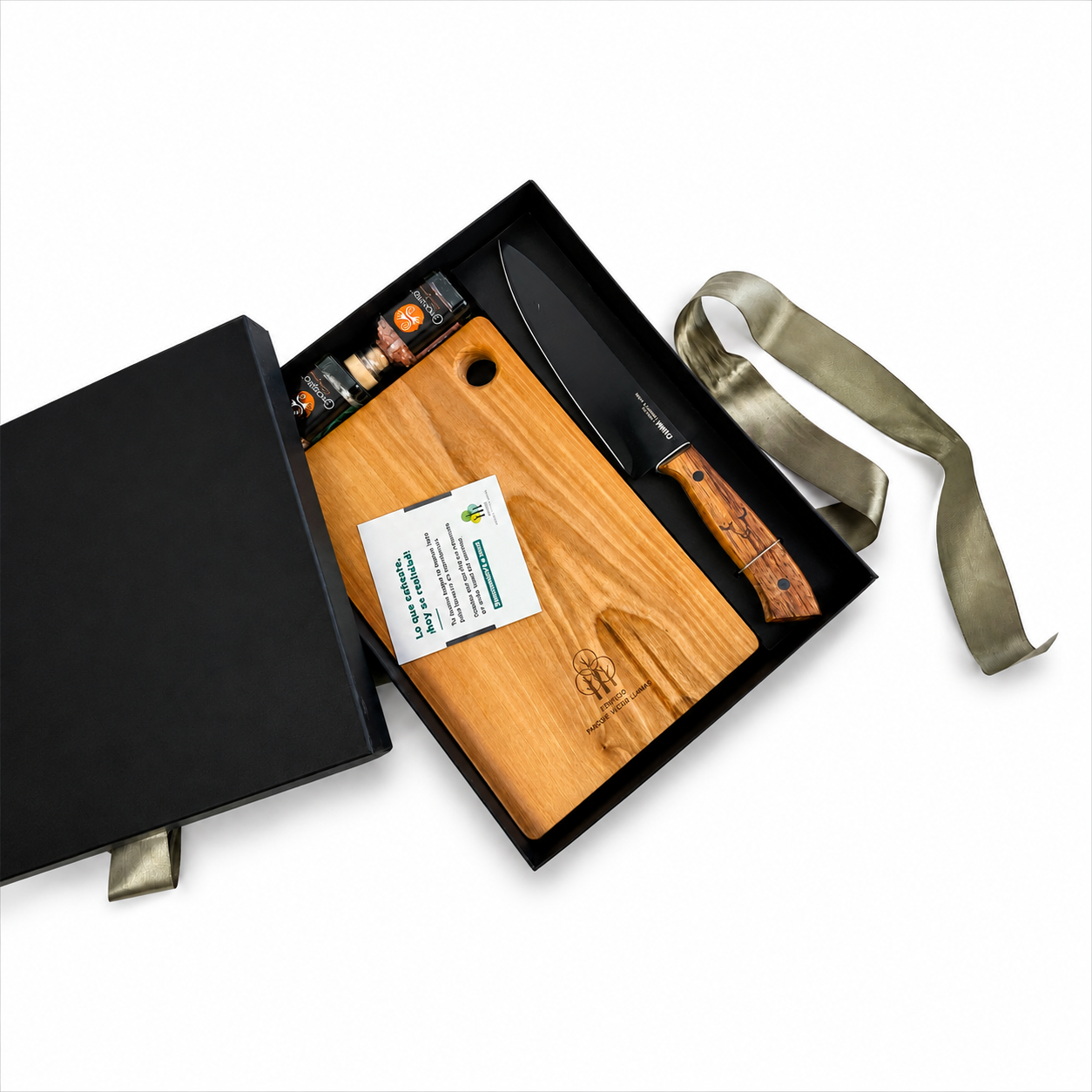 CAJA ASADOR CUCHILLO PARRILLERO + SALES Y TABLA MADERA